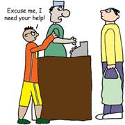 cartoon of boy saying to shopkeeper, Excuse me, I need help!